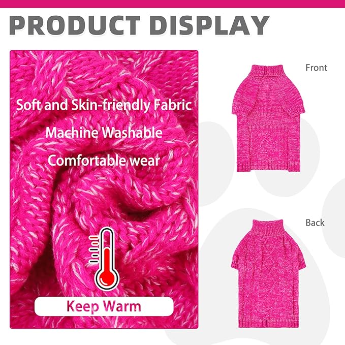 KOOLTAIL Thermal Knitted Dog Sweater for Small Medium Large Dogs, Turtleneck Cable Knit Doggy Winter Coat Warm Clothes Sweatshirt Outfits for Cold Weather,Pullover Pet Jumper for Puppy Cats Rose XL