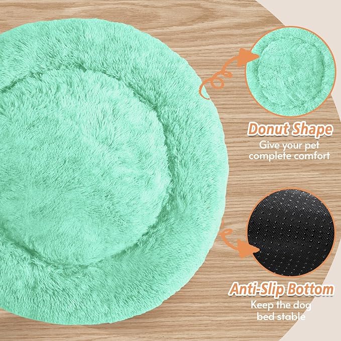 JOLLYVOGUE Small Dog & Cat Beds for Indoor Cats, Donut Cuddler Warming Soft Dog Beds with Anti-Slip Bottom, Round Calming Fluffy Plush Faux Fur Cushion Bed for Large Dogs (36", Mint Green)