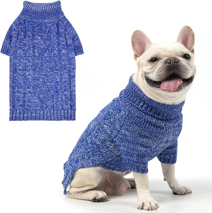KOOLTAIL Dog Sweater for Large Medium Small Dogs, Fall Dog Sweaters, Turtleneck Cable Knitwear Pet Cold Weather Coats with Leash Hole, Warm Winter Pullover Clothes for Bulldog, Yorkie,Boy Girl, Blue M