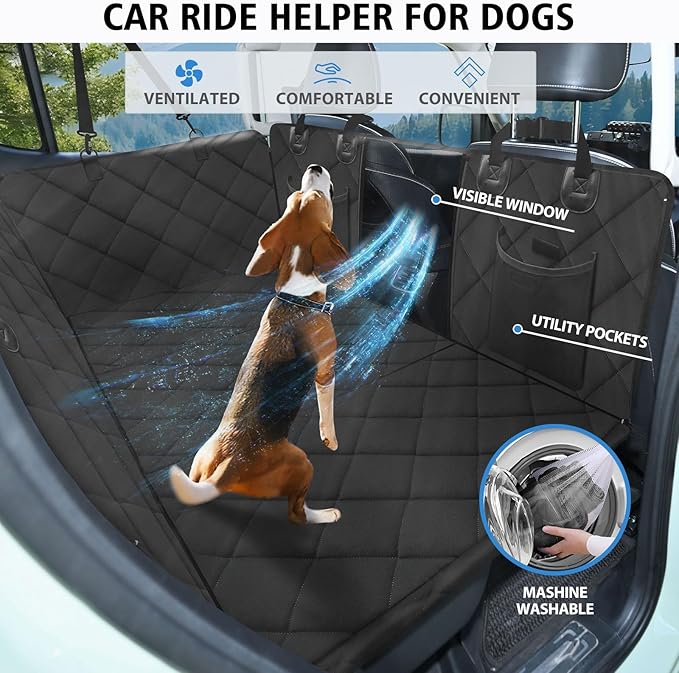 Back Seat Extender for Dogs-Mesh Window, Dog Car Seat Cover for Back Seat, 400lbs Capacity Hard Bottom, Waterproof Dog Hammock for Mid-Size Cars, SUVs, Trucks Black(52‘x24.8’)