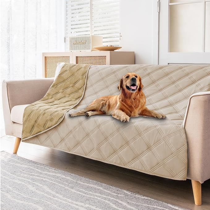fuguitex Waterproof Dog Blanket Reversible for Small Dogs Resistant Leakproof Washable Couch Cushion Bed Protector Cover for Indoor Furniture Pet Friendly（30"*53",Beige+Taupe