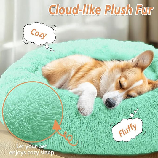 JOLLYVOGUE Small Dog & Cat Beds for Indoor Cats, Donut Cuddler Warming Soft Dog Beds with Anti-Slip Bottom, Round Calming Fluffy Plush Faux Fur Cushion Bed for Small Dogs (20", Mint Green)