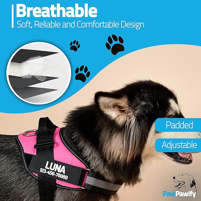 PawPawify Custom No Pull Dog Harness with Name and Phone Number, Heavy Duty Personalized Pet Vest to Prevent Tugging, Pulling, or Choking, Training and Walking (Pink, S (Chest 16-21in))
