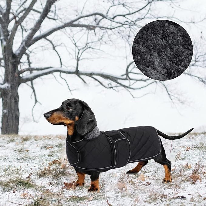 Geyecete Warm Thermal Quilted Dachshund Coat, Dog Winter Coat with Warm Fleece Lining, Outdoor Dog Apparel with Adjustable Bands for Medium, Large Dog-Black-M
