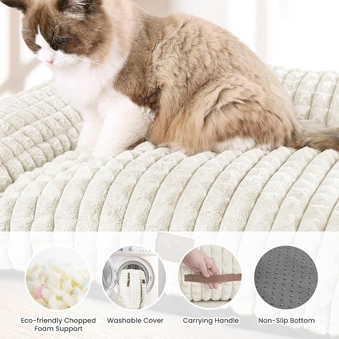 Dog Couch Beds for Dogs/Cats, Supportive Washable Fluffy Faux Rabbit Pet Sofa Cat Couch with Removable Zipper Cover for Small/Medium Dogs 30 x 20 x10inch, Off White