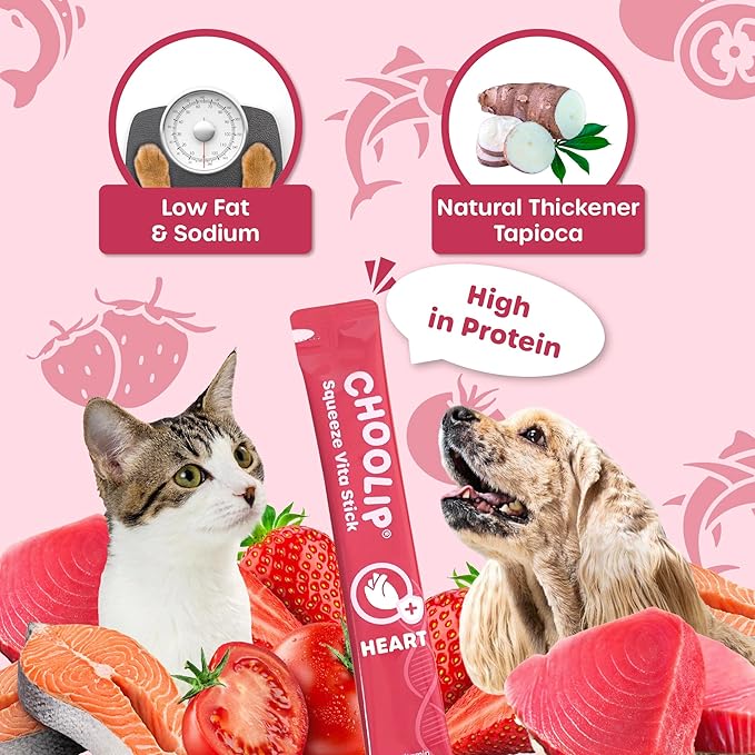 Choolip Squeeze Vita Stick Lickable Cat Treats & Dog Puree – 49-Count Heart Support Tubes, Creamy Grain-Free High-Protein Puree with Omega 3, Taurine, L-Carnitine & CoQ10 for Healthy Heart & Energy