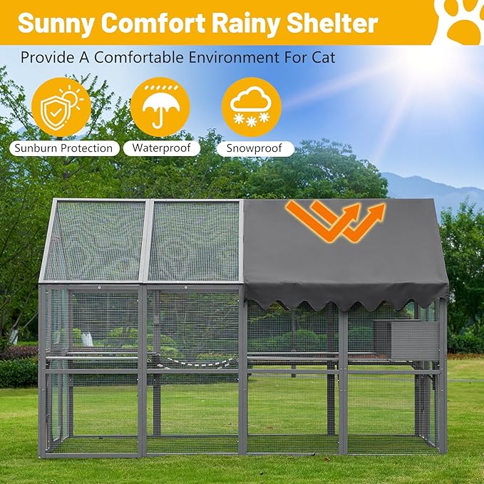 110" Outdoor Cat Catio Enclosure,Cats House Big Wooden Cat Shelter with Platforms,Upgrade Waterproof Cover,Large Spacious Interior,Two Small Sliding Doors,Grey