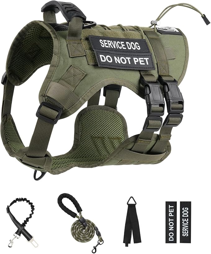 No Pull Tactical Dog Harness for Large Dogs, Escape Proof Molle Dog Vest Harness and Leash Set, Adjustable Military Service Dog Harness with Handle for Medium Large Dogs(Green, L)