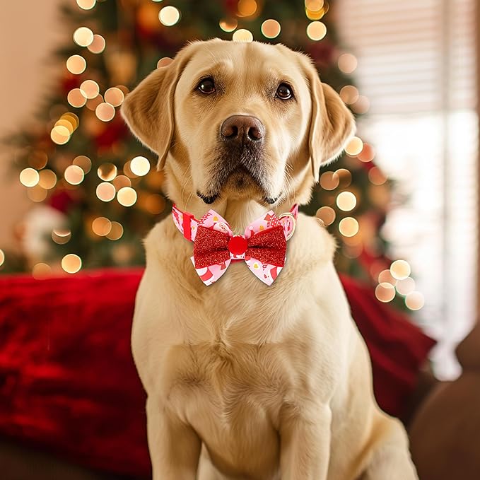 azuza Christmas Dog Collar Santa Print Xmas Dog Collars with Removable Red and Green Bowtie, Adjustable Dog Collar Accessories for Small Dogs