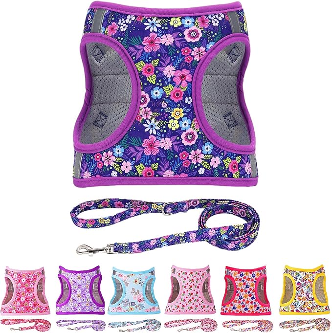 Moonpet Step in Dog Harness Leash Set- All Weather Reflective No-Pull Floral Pattern Padded Mesh Vest Harness for Cats Puppy Extra-Small Small Medium Large Dogs - Dark Flower - L