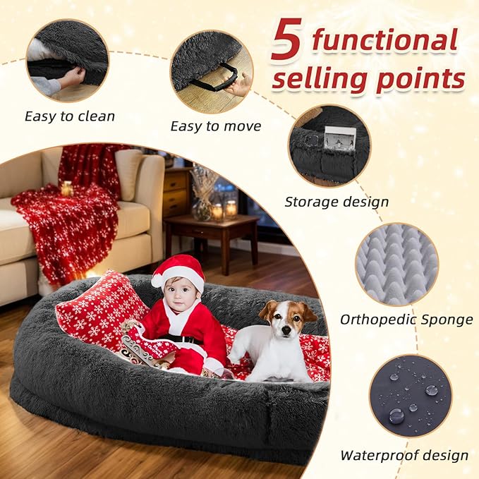 Human & Pet Bed, 71'x45'x12' - Washable Faux Fur Orthopedic Dog Bed, Plump Pillow & Blanket - Dark Grey