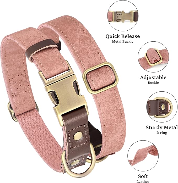 Didog Soft PU Leather Dog Collar for Large Dogs,Classic Adjustable Wide Pink Dog Collars with Quick Release Metal Buckle,Easy Clean and Comfortable with Nylon Lining,Pink,XL Neck 17-26", Width 1¼''