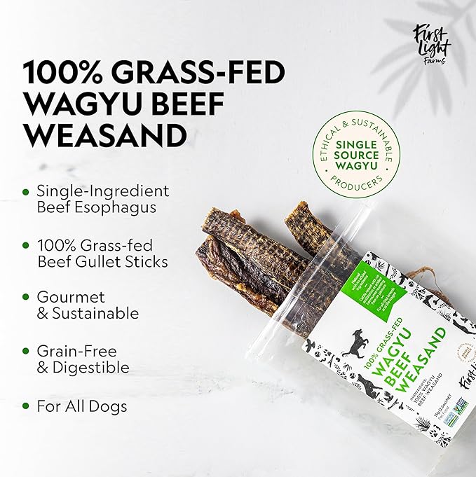 First Light Farms Wagyu Beef Esophagus Dog Treats | Gullet Sticks for Dogs | Esophagus Jerky Treats | All Natural Weasand Chews, 4-5 Count | Healthy Treats for Teeth, Mental Stimulation, Joint Support