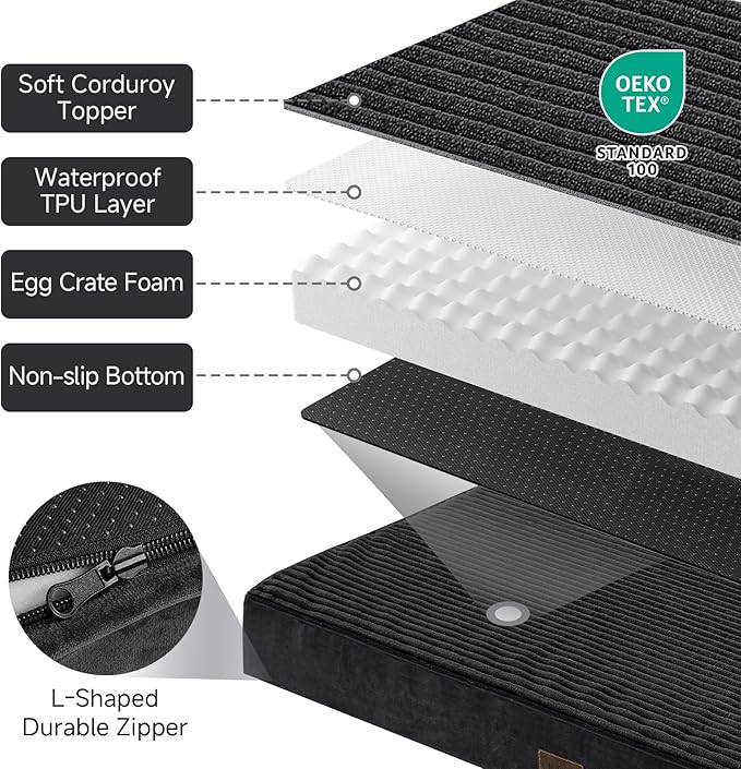 OhGeni Orthopedic Waterproof & Machine Washable Dog Bed for Extra Large Pets, Suitable for Crates, Cat Mat with 25D Egg Crate Foam, Non-Slip Bottom & Removable Cover, 47 Inches(Black)