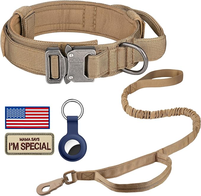 DAGANXI Tactical Dog Collar Leash Set, Adjustable Military Training Nylon Dog Collar with Controll Handle and Heavy Metal Buckle for Medium and Large Dogs，with Patches and Airtags Case (L, Brown-Set)