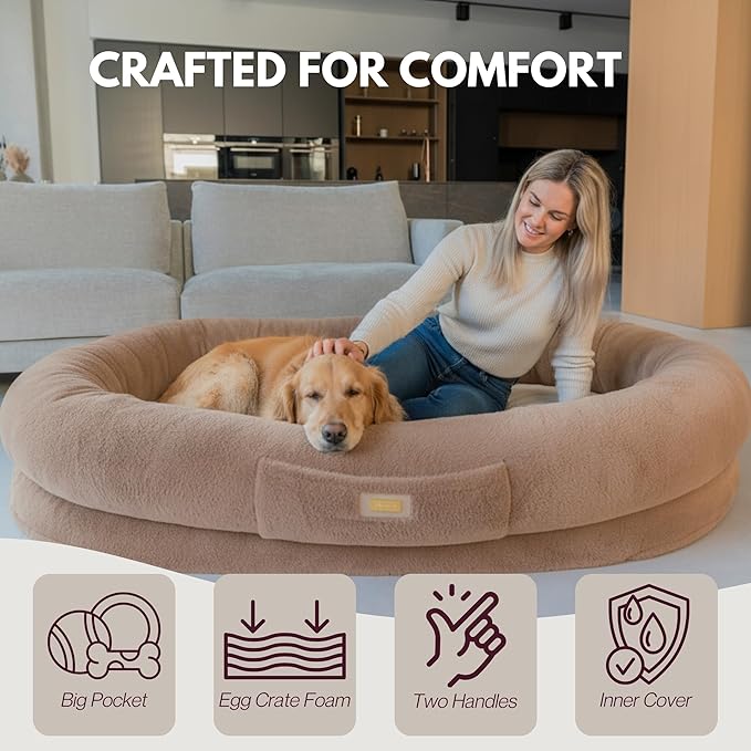 Human Dog Bed for Adults & Pets – Extra Large Cozy Lounger with Ultra-Soft Plush Fabric, Premium Egg Crate Foam & Removable Washable Cover – Oversized Pet Bed for Relaxation & Bonding (Brown & Beige)