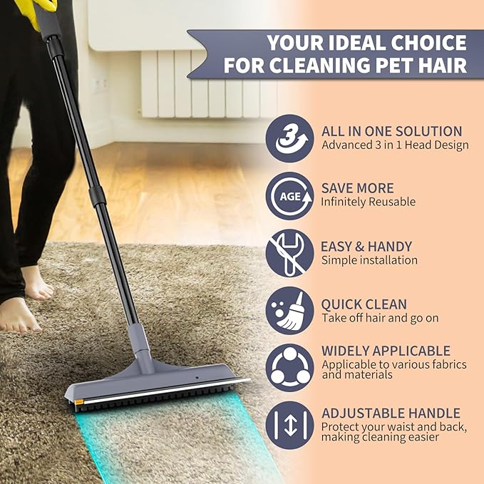 Carpet Rake for Pet Hair Removal - 3 in 1 Reusable Pet Hair Remover Tool with 58" Adjustable Long Handle,Dog & Cat Carpet Scraper,Pet Hair Remover for Rugs,Mats,Couch,Curtains(Gray)