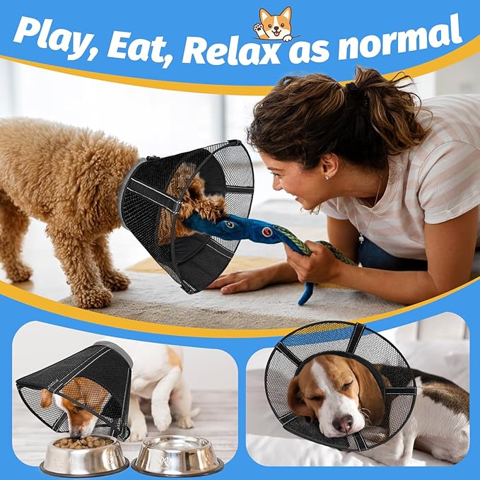 Dog Cone Collar After Surgery to Stop Licking: Soft Mesh Recovery Collar with Detachable Pad, Elizabeth Cone Alternative for Large Medium, Small Dogs, Normal Eating and Drinking (M)