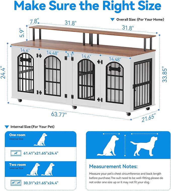 Petrova 63" Dog Crate Furniture for 2 Dogs, XL Large Indoor Wooden Dog Kennel with Divider, 6 Lockable Wheels & Storage, Heavy Duty Modern Decorative Double Dog Cage TV Stand for Medium/Large Breed