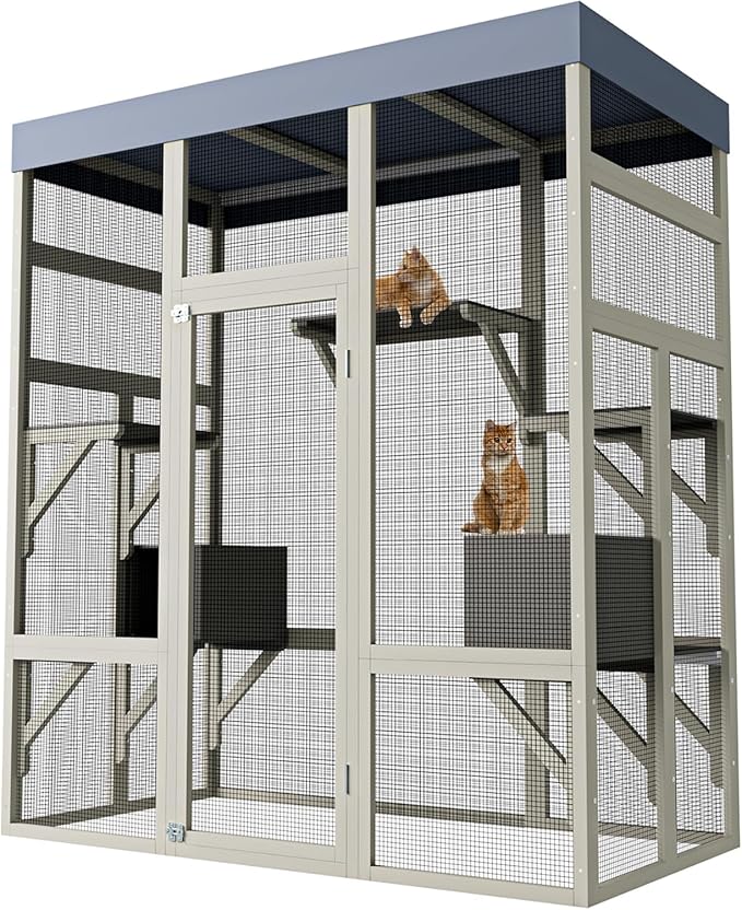 70-Inch Large Catio Enclosure, with Weatherproof Roof, UV-Protected, Wooden Frame and Rust-Resistant Steel Mesh, Cat House with 2 Lounging Boxes and Platforms, for Patio or Backyard