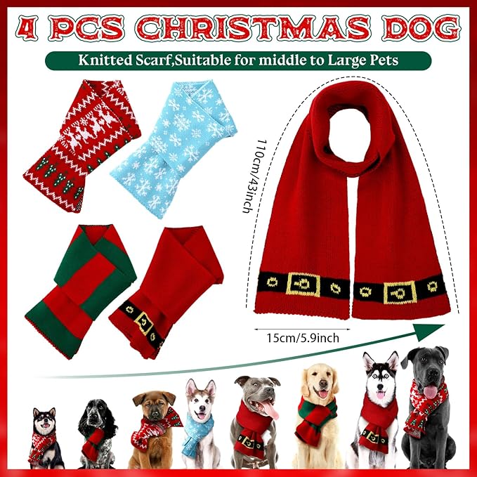 4 Pcs Christmas Knitted Dog Scarf for Medium Large Dogs, Christmas Dog Bandanas Warm Winter Holiday Decoration Scarf Pet Costume Accessories