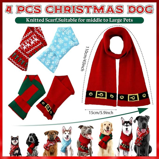4 Pcs Christmas Knitted Dog Scarf for Medium Large Dogs, Christmas Dog Bandanas Warm Winter Holiday Decoration Scarf Pet Costume Accessories