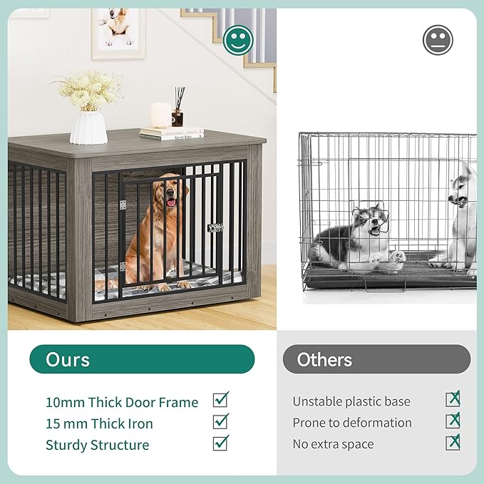 YITAHOME 43.7" L Dog Crate Furniture for Large Dogs, 2-in-1 Iron-Wood Fusion Dog Cage Indoor up to 80 lb, Modern Dogs Kennel Side End Table with Waterproof Top, Safety Corners, Steel Lock, Greige