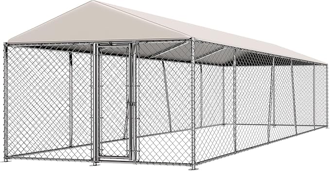 Lyromix 10 x 20FT Large Outdoor Dog Kennel with Roof, Dog Kennel Outside with Waterproof Cover, Galvanized Heavy Duty Chain Link Dog Runs Cage Playpen for Outside with Secure Lock