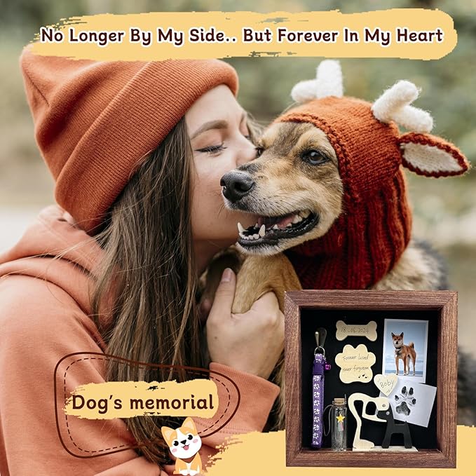 Pet Memorial Shadow Box Gift Dog Memory Display Case Wooden Picture Frame Pet Paw Ink Kit Glass Fur Jar Pets Keepsake Holder for Passed Away Dogs Cats idea Gifts for Pet Lover (Brown Cat Frame)