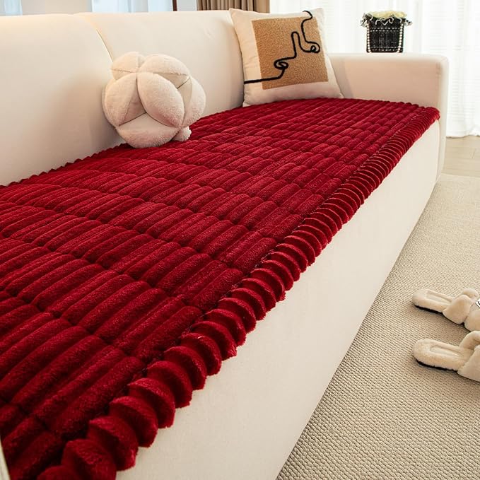 Christmas Faux Fur Plush Dog Couch Cover, 3D Stripe Fuzzy Sofa Covers, Non-Slip Fluffy Dog Bed Cover Pet Blanket, Washable Furniture Protector for Puppy Cat (Red,28"x59")