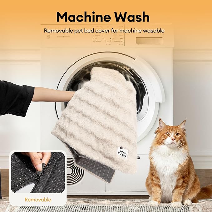 FUNNY FUZZY Self Warming Cat Bed, Waterproof Self Heating Pad for Cats & Dogs, Cozy Plush Warm Pet Mat with Removable Washable Cover - ThermoPad, 25.5"×17.7", Cream White