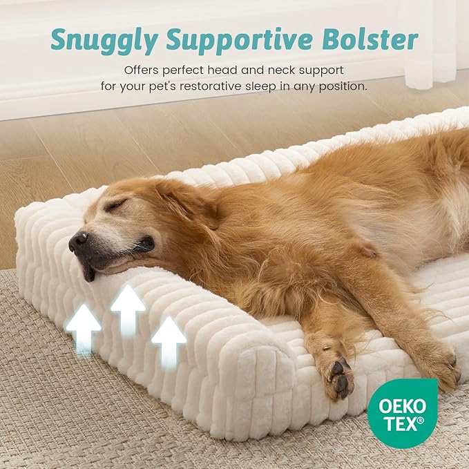 Cute Dog Bed, Faux Fur Orthopedic Foam Dog Bed with Sides, Removable Washable Cover & Waterproof Lining, Comfortable Pet Couch for Extra Large Dogs, Cream (48" L x 35" W x 7.5" Th)