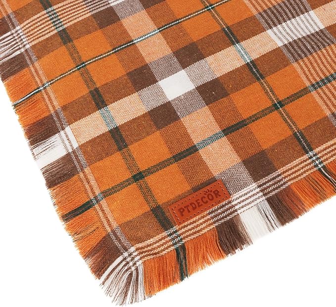 PTDECOR Fall Dog Bandanas with Tassels Edges, 2 Pack Orange Plaid Scarf Bib, Halloween Thanksgiving Pet Bandana, Reversible Triangle Bandanas for Medium Large Dogs Pets (Large)