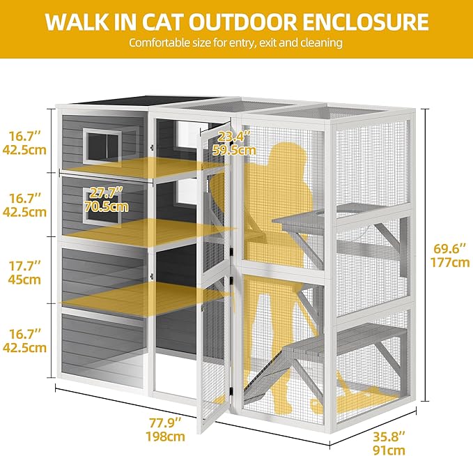 DWVO Large Cat Catio Outdoor Cat Enclosures Walk in Playpen Patio with 4-Tier Houses for Indoor Cats, Cats Scratcher Ramp, Space Capsule Bed, 5 Windows, Outside Catio with Weatherproof Roof