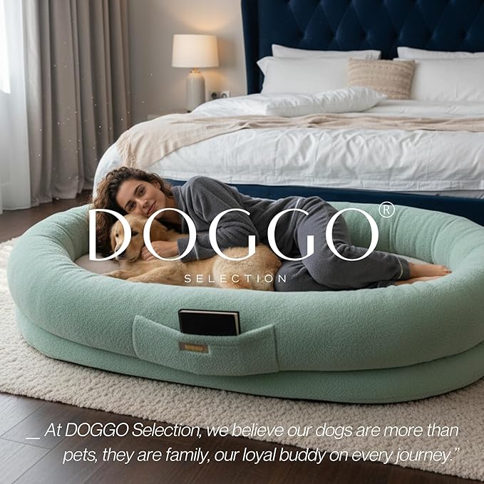 Human Dog Bed for Adults & Pets – Extra Large Cozy Lounger with Ultra-Soft Plush Fabric, Premium Egg Crate Foam & Removable Washable Cover – Oversized Pet Bed for Relaxation & Bonding (Green & Beige)