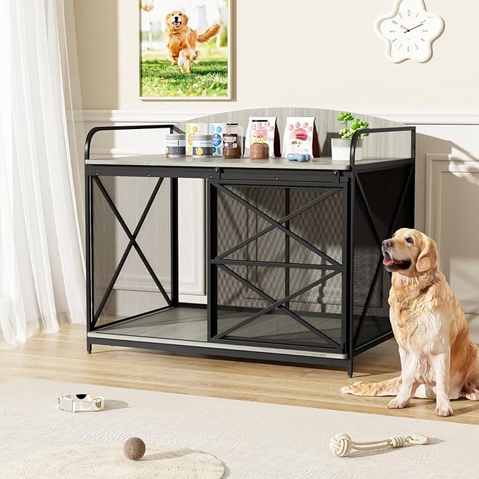 Large Furniture Dog Crate, Dog Kennel Indoor, Wood Dog Cage Table, Heavy Duty Dog Crate, Sturdy Metal,Gray