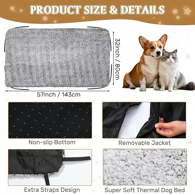 Large Self Warming Dog Pad for Elevated Cot Dog Beds Self Heating Pet Mat Warm Thermal with Corner Straps 32x57in Removable Washable Soft Cover Non-Slip Bottom for Indoor Outdoor