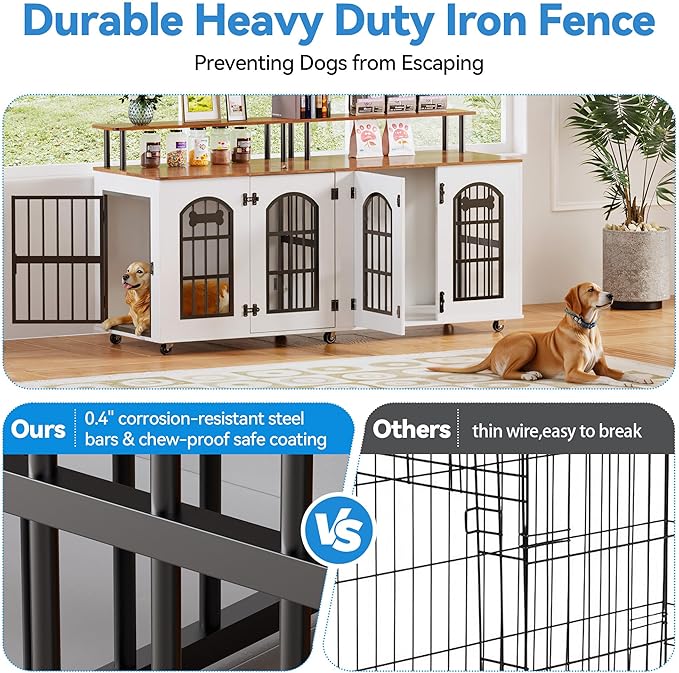 Petrova 63" Dog Crate Furniture for 2 Dogs, XL Large Indoor Wooden Dog Kennel with Divider, 6 Lockable Wheels & Storage, Heavy Duty Modern Decorative Double Dog Cage TV Stand for Medium/Large Breed