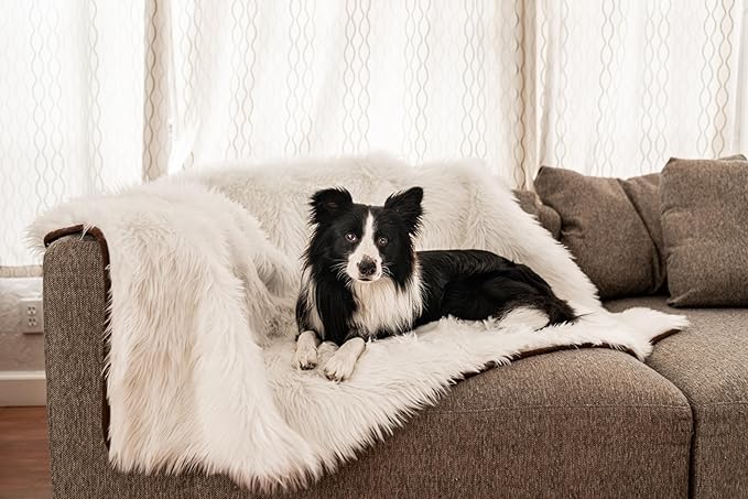 PAW BRANDS PupProtector Waterproof Throw Blanket for Dogs and Cats, Pet Blanket Cover for Couches, Sofas, Beds, Car Seats, Furniture, Calming Soft Faux Fur, Polar White, Original (60" L x 50" W)