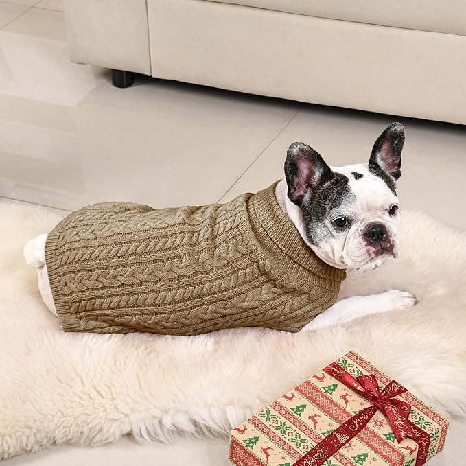2 Pack Dog Sweaters for Medium Dogs Winter Turtleneck Pullover Cable Knit Fleece Stretch Frenchie Dachshund Pug Corgi Beagle Boy Girl Pet Clothes (M, Green & Brown)