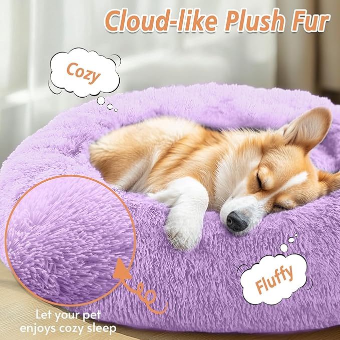 JOLLYVOGUE Small Dog & Cat Beds for Indoor Cats, Donut Cuddler Warming Soft Dog Beds with Anti-Slip Bottom, Round Calming Fluffy Plush Faux Fur Cushion Bed for Large Dogs (36", Purple)