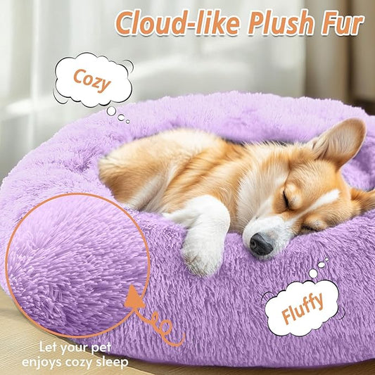 JOLLYVOGUE Small Dog & Cat Beds for Indoor Cats, Donut Cuddler Warming Soft Dog Beds with Anti-Slip Bottom, Round Calming Fluffy Plush Faux Fur Cushion Bed for Large Dogs (36", Purple)