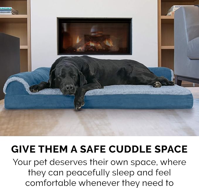 FurHaven Orthopedic Dog Bed for Large Dogs, L-Shaped Chaise Sofa with Orthopedic Egg Crate Foam for Joint Support, Removable Washable Cover, Jumbo/XL, Faux Fur & Suede, Marine Blue
