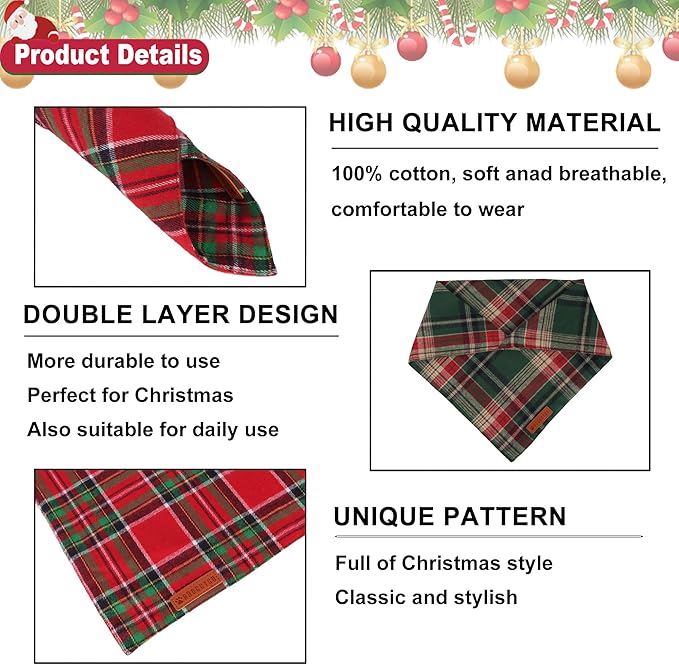 ADOGGYGO Christmas Dog Bandanas 2 Pack, Premium Cotton Fabric, Red Green Plaid Xmas Pet Scarf, Christmas Bandanas for Extra Large Dogs (X-Large)