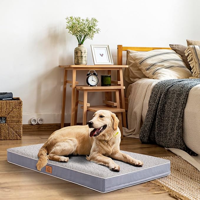 Orthopedic Dog Bed for Large Dogs, Waterproof Deluxe Plush Dog Crate Bed with Removable Washable Cover & Anti-Slip Bottom, Egg Crate Foam Pet Bed Mat, 35 x 22 Inches, Silver Grey