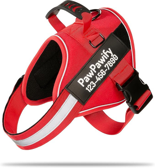 PawPawify Custom No Pull Dog Harness with Name and Phone Number, Heavy Duty Personalized Pet Vest to Prevent Tugging, Pulling, or Choking, Training and Walking (New Red, S (10-19LBS))