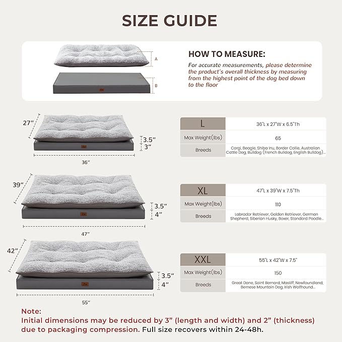 Washable Dog Bed for Medium Large Size Dog, Plush Pillow Pet Bed with Cooling Leather Egg-Crate Foam Base, Waterproof Kennel Bed with Removable Cover, 55" x 42" Comfort Cushion Bed, Dark Grey