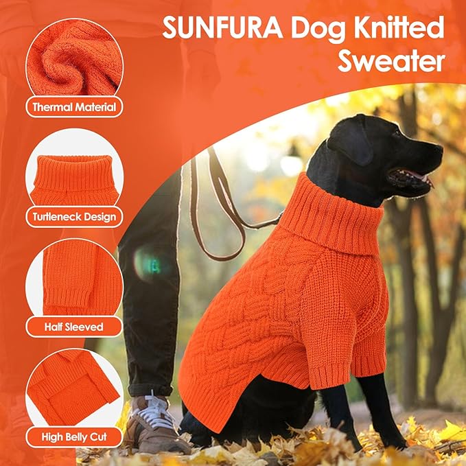 SUNFURA Dog Sweater, Christmas Sweaters for Large Dogs, Solid Color Dog Pullover for Fall Winter, Warm Sweatshirt Knit Turtleneck for Corgi, French Bulldog, Orange L