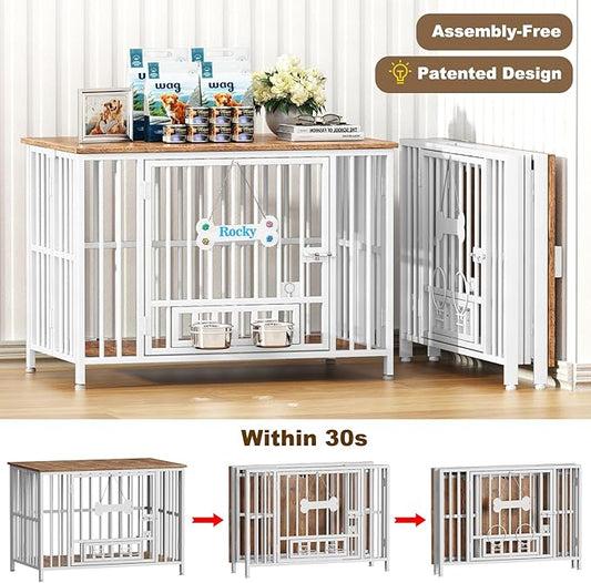 Easycom 41" Dog Crate Furniture Foldable, No Assembly Decorative Dog Kennel Indoor, Dog Crates for Large Dogs(35-60 lb), Wooden Dog Crate with Adjustable Bowls and Name Tag, End Table, White & Beech