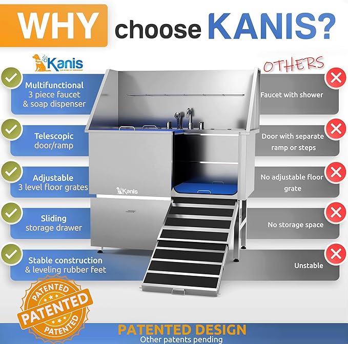 KANIS - 49" Professional Electric Dog Grooming Table, Black + 50" Professional Stainless Steel Dog Bathing Station, Right RAMP